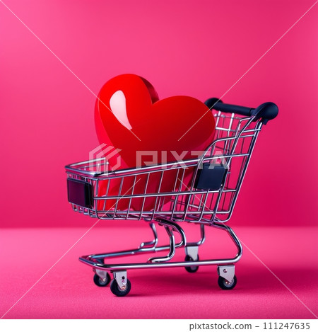 Shopping cart with red heart on pink background Shopping cart with red heart on pink background 111247635