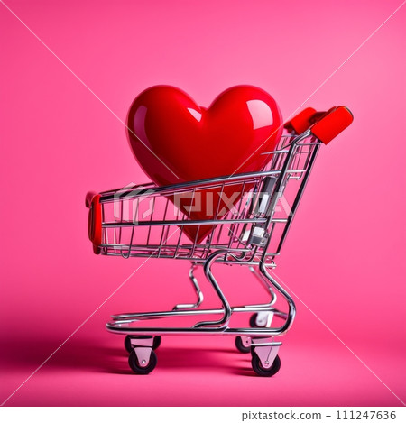 Shopping cart with red heart on pink background Shopping cart with red heart on pink background 111247636