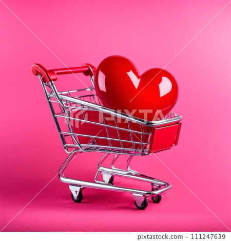 Shopping cart with red heart on pink background Shopping cart with red heart on pink background 111247639