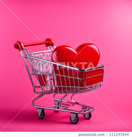 Shopping cart with red heart on pink background Shopping cart with red heart on pink background 111247644