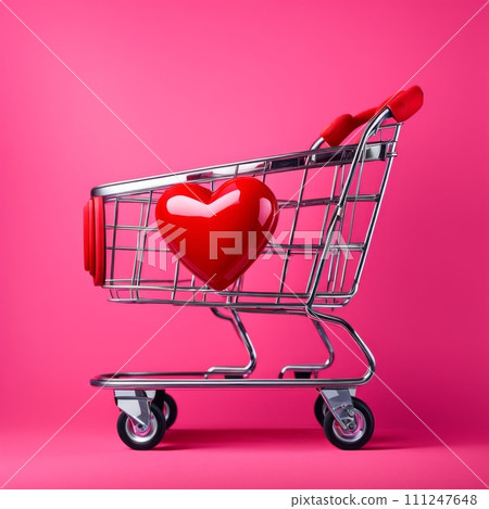 Shopping cart with red heart on pink background Shopping cart with red heart on pink background 111247648