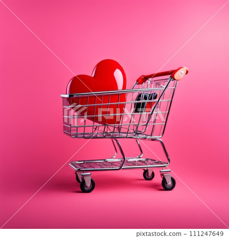 Shopping cart with red heart on pink background Shopping cart with red heart on pink background 111247649