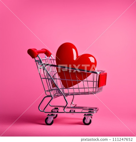 Shopping cart with red heart on pink background 111247652