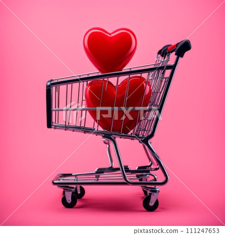 Shopping cart with red heart on pink background Shopping cart with red heart on pink background 111247653
