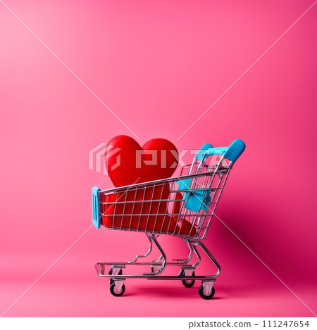 Shopping cart with red heart on pink background Shopping cart with red heart on pink background 111247654