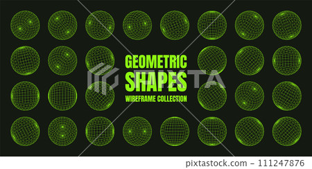 Wireframe shapes, lined sphere. Perspective mesh, 3d grid. Low poly geometric elements. Retro futuristic design elements, y2k, vaporwave and synthwave style. Vector illustration 111247876
