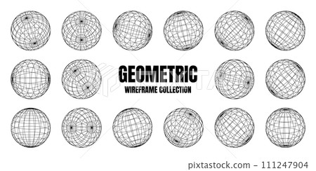 Wireframe shapes, lined sphere. Perspective mesh, 3d grid. Low poly geometric elements. Retro futuristic design elements, y2k, vaporwave and synthwave style. Vector illustration 111247904