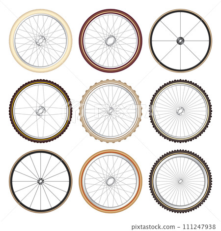 Realistic 3d retro bicycle wheels. Vintage bike rubber tyres, shiny metal spokes and rims. Fitness cycle, touring, sport, road and mountain bike. Vector illustration Realistic 3d retro bicycle wheels. Vintage bike rubber tyres, shiny metal spokes and rims. Fitness cycle, touring, sport, road and mountain bike. Vector illustration 111247938