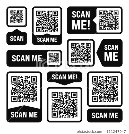 Scan me QR code sticker. Online payment. Special offer sale stickers, shopping discount label or promotional badge. Serial number, product ID. Supermarket retail label, price tag. Vector illustration Scan me QR code sticker. Online payment. Special offer sale stickers, shopping discount label or promotional badge. Serial number, product ID. Supermarket retail label, price tag. Vector illustration 111247947