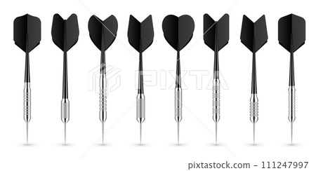 Black dart arrows with metal tip and shadow. Dart throwing sport game, dartboard equipment. Vector illustration 111247997