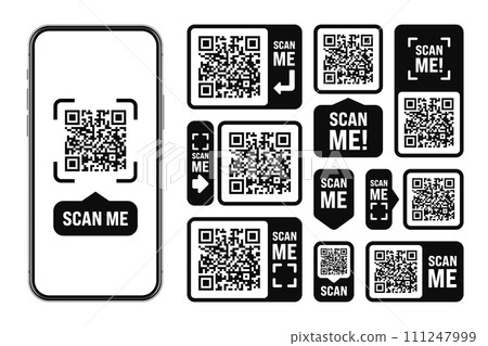 Scan me QR code sticker. Online payment. Special offer sale stickers, shopping discount label or promotional badge. Serial number, product ID. Supermarket retail label, price tag. Vector illustration Scan me QR code sticker. Online payment. Special offer sale stickers, shopping discount label or promotional badge. Serial number, product ID. Supermarket retail label, price tag. Vector illustration 111247999