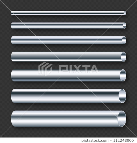Steel pipes collection. Construction material, pipeline. Industry and engineering. Polished metal texture with silver gradient. Vector illustration 111248000
