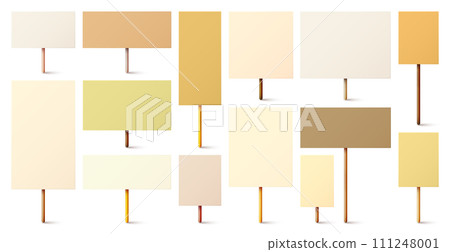 Blank colorful protest sign with wooden holder. Realistic vector demonstration banner. Strike action cardboard placard mockup 111248001