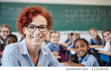 AI-generated content. portrait female teacher, smile face, red hair, schoolchildren lesson, children class teacher, background group children, teamwork, group child smile, teacher with glasses, happy AI-generated content. portrait female teacher, smile face, red hair, schoolchildren lesson, children class teacher, background group children, teamwork, group child smile, teacher with glasses, happy 111248108