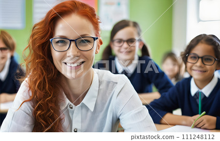 AI-generated content. portrait female teacher, smile face, red hair, schoolchildren lesson, children class teacher, background group children, teamwork, group child smile, teacher with glasses, happy AI-generated content. portrait female teacher, smile face, red hair, schoolchildren lesson, children class teacher, background group children, teamwork, group child smile, teacher with glasses, happy 111248112