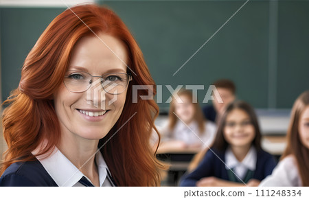 AI-generated content. portrait female teacher, smile face, red hair, schoolchildren lesson, children class teacher, background group children, teamwork, group child smile, teacher with glasses, happy 111248334