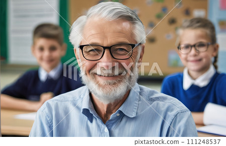 AI-generated content. teacher, portrait male teacher glasses, teacher face smiling, child kid boy girl, student school, background children, class lesson, school activities, profession teacher, eyes 111248537