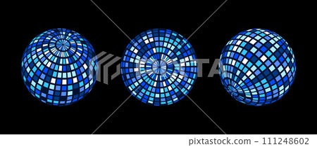 Blue green disco ball set. Collection of wireframe spheres in different angles. Grid globe or checkered ball bundle. Glowing mirrorball element pack for poster, banner, music cover, party. Vector Blue green disco ball set. Collection of wireframe spheres in different angles. Grid globe or checkered ball bundle. Glowing mirrorball element pack for poster, banner, music cover, party. Vector 111248602