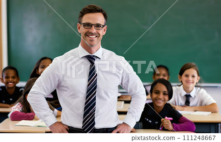 AI-generated content. teacher, portrait male teacher glasses, teacher face smiling, child kid boy girl, student school, background children, class lesson, school activities, profession teacher, eyes 111248667