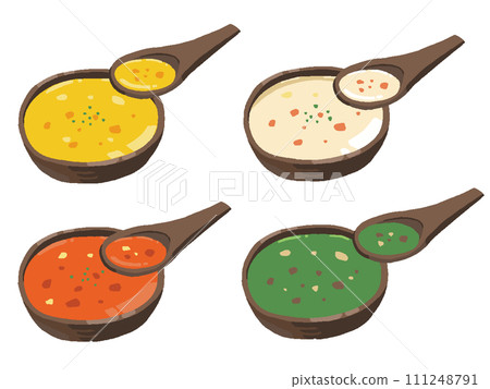 Hand-drawn style illustration set of various soups and spoons 111248791