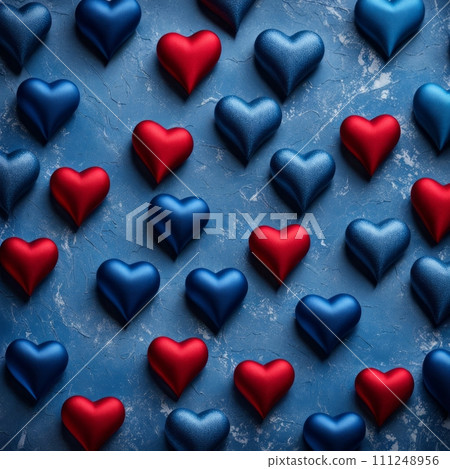 Blue and Red silk hearts on a Blue color background Blue and Red silk hearts on a Blue color background 111248956
