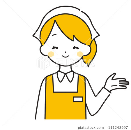 Orange｜Female clerk wearing a triangular sling guiding the left hand｜Apron 111248997