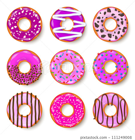 Donut, begel with cream. Cookies,cookie cake set. Sweet dessert with sugar and caramel. Tasty breakfast cooking. Cafateria food, snack. Coffee shop.Vector illustration. 111249008