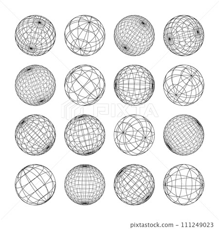 Wireframe shapes, lined sphere. Perspective mesh, 3d grid. Low poly geometric elements. Retro futuristic design elements, y2k, vaporwave and synthwave style. Vector illustration 111249023