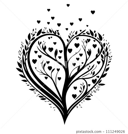 valentine tree love floral illustration sketch hand draw black 111249026