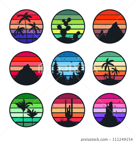 Grunge vintage sunset collection. Colorful striped sunrise badges in 80s and 90s style. Sun and ocean view, summer vibes, surfing. Design element for print, logo or t-shirt. Vector illustration 111249154