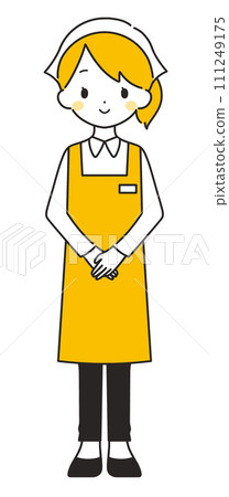 Orange｜Female clerk wearing a triangular sling with folded hands with a smile｜Apron 111249175