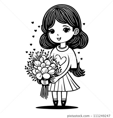girl holding a bouquet of flowers valentine illustration sketch hand draw black 111249247