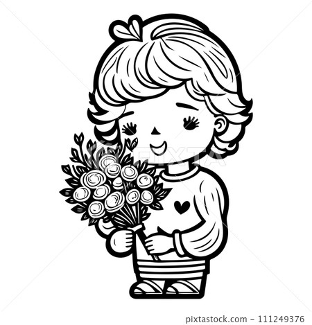 boy holding a bouquet of flowers valentine illustration sketch hand draw  111249376