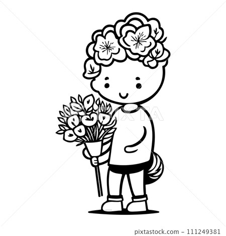 boy holding a bouquet of flowers valentine illustration sketch hand draw  111249381