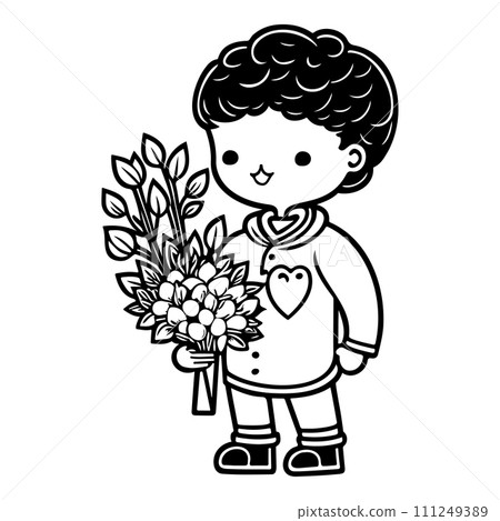 boy holding a bouquet of flowers valentine illustration sketch hand draw  111249389