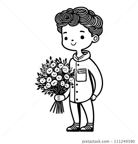 boy holding a bouquet of flowers valentine illustration sketch hand draw  111249390
