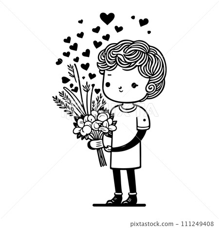 boy holding a bouquet of flowers valentine illustration sketch hand draw  111249408