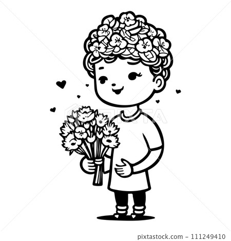boy holding a bouquet of flowers valentine illustration sketch hand draw  111249410