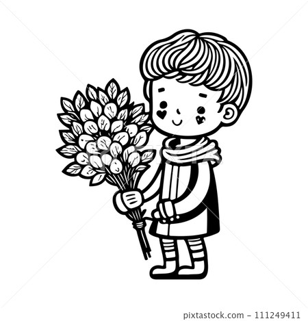 boy holding a bouquet of flowers valentine illustration sketch hand draw  111249411