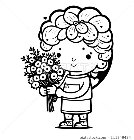 boy holding a bouquet of flowers valentine illustration sketch hand draw  111249424