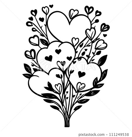 valentine bouquet flower leaves floral illustration sketch hand draw black 111249538