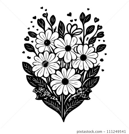 valentine bouquet flower leaves floral illustration sketch hand draw black 111249541
