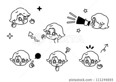 Face and hands pose expression set black and white Face and hands pose expression set black and white 111249893