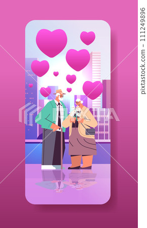 senior couple in love with flowers having a date on railway station grandparents with pink hearts celebrating valentines day senior couple in love with flowers having a date on railway station grandparents with pink hearts celebrating valentines day 111249896