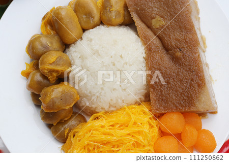 Set of Thai desserts on white plate 111250862