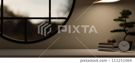 A space for displaying your product on a tabletop against the wall with a round window. A space for displaying your product on a tabletop against the wall with a round window. 111251064