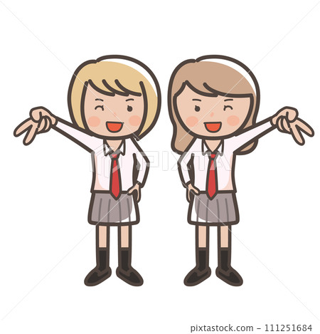 Illustration of two cute high school girls doing gal peace with smiles 111251684