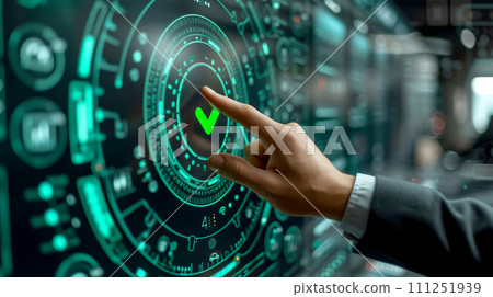 businessman touch on infographic to green check mark sign. vote and approved concept. generative AI 111251939