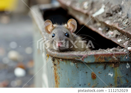 A rat peek out on a trash can in the city. Generative AI, 111252029