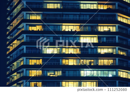 Modern Office with Night time Illumination and Shadows, business people working inside. AI generative 111252080